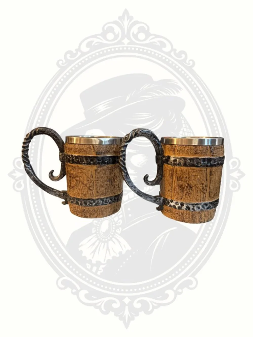 Rustic Barrel Style Mug Set Medieval Tankard Coffee Beer Mugs Pair